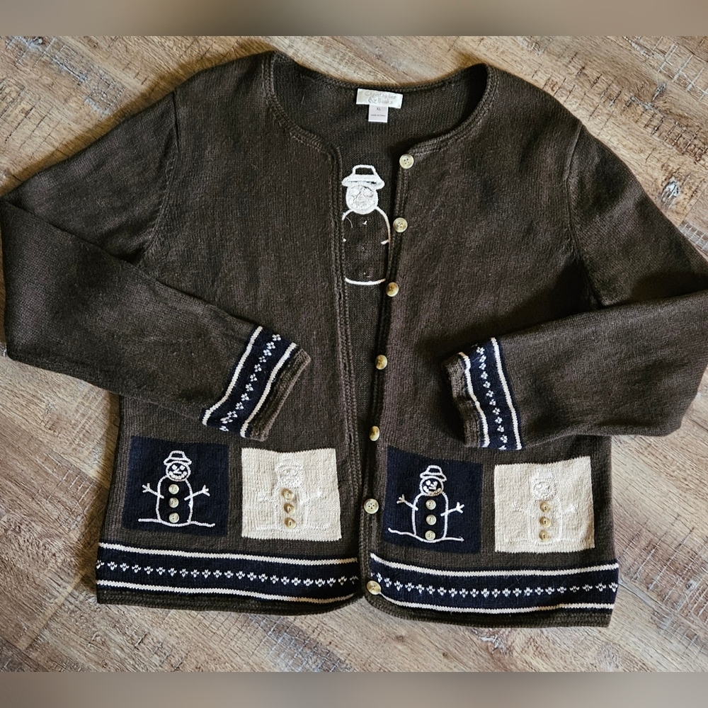 Vintage Christopher & Banks Snowman Sweater Cardigan XL